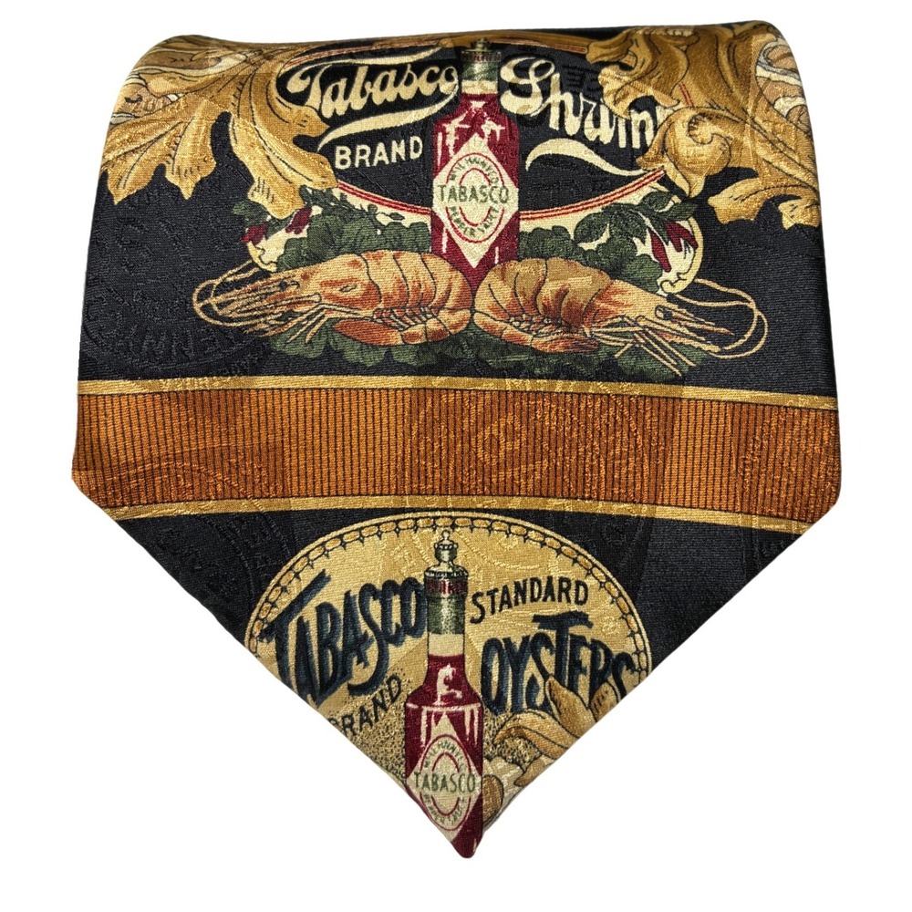Tabasco Silk Necktie Shrimp Oysters Hot Sauce Graphic Black Gold 3.75in Gourmet